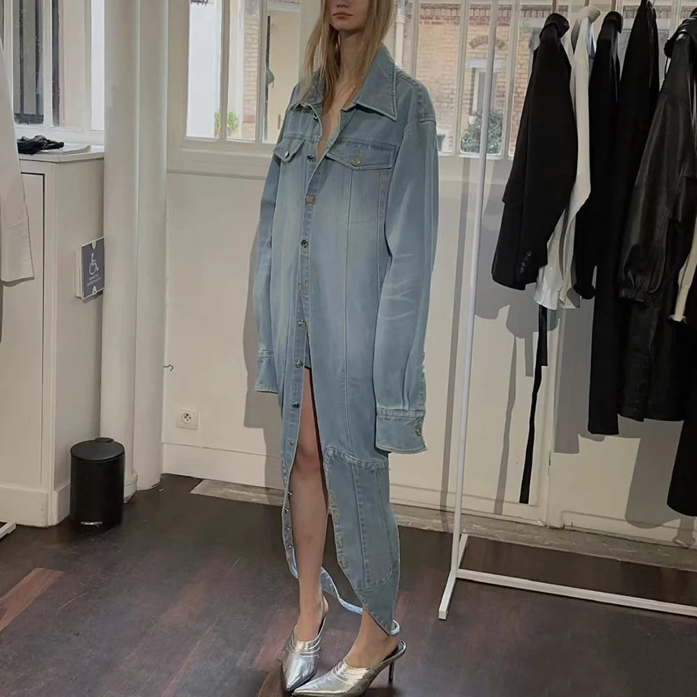 Denim Outfits - Loose Chic Jackets For Women Lapel Long Sleeve Streetwear Patchwork Pockets Coats Female Fashion Style New