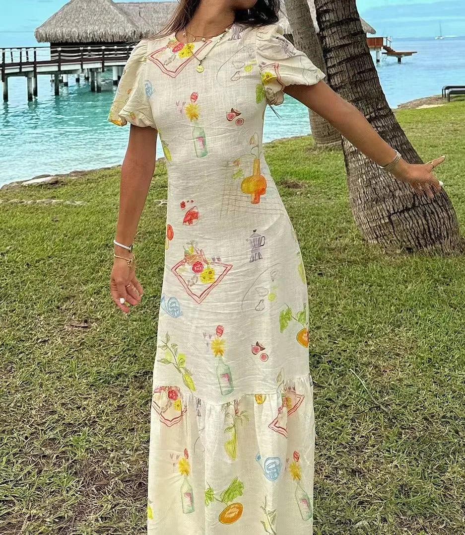 Casual Dresses - Women's European And American Style Fashion Slim Skirt Simple Printed Backless Short-Sleeved Dress