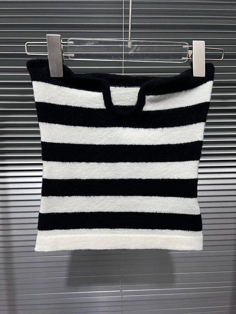 Off Shoulder Tops - Women's Fashion Striped Contrast Color Two-pieces Set Stretch Strapless Long Sleeve Knit Tops 2025 Spring New 33A2346