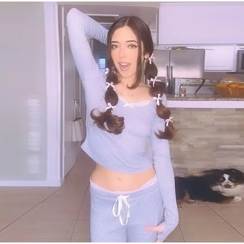 Loungewear - Women Lace Top Pant Suit Casual Bow Lace Up Patchwork Blouse Loose Elastic Waist Trouser Female Sets 2025 Spring Lady Streetwear