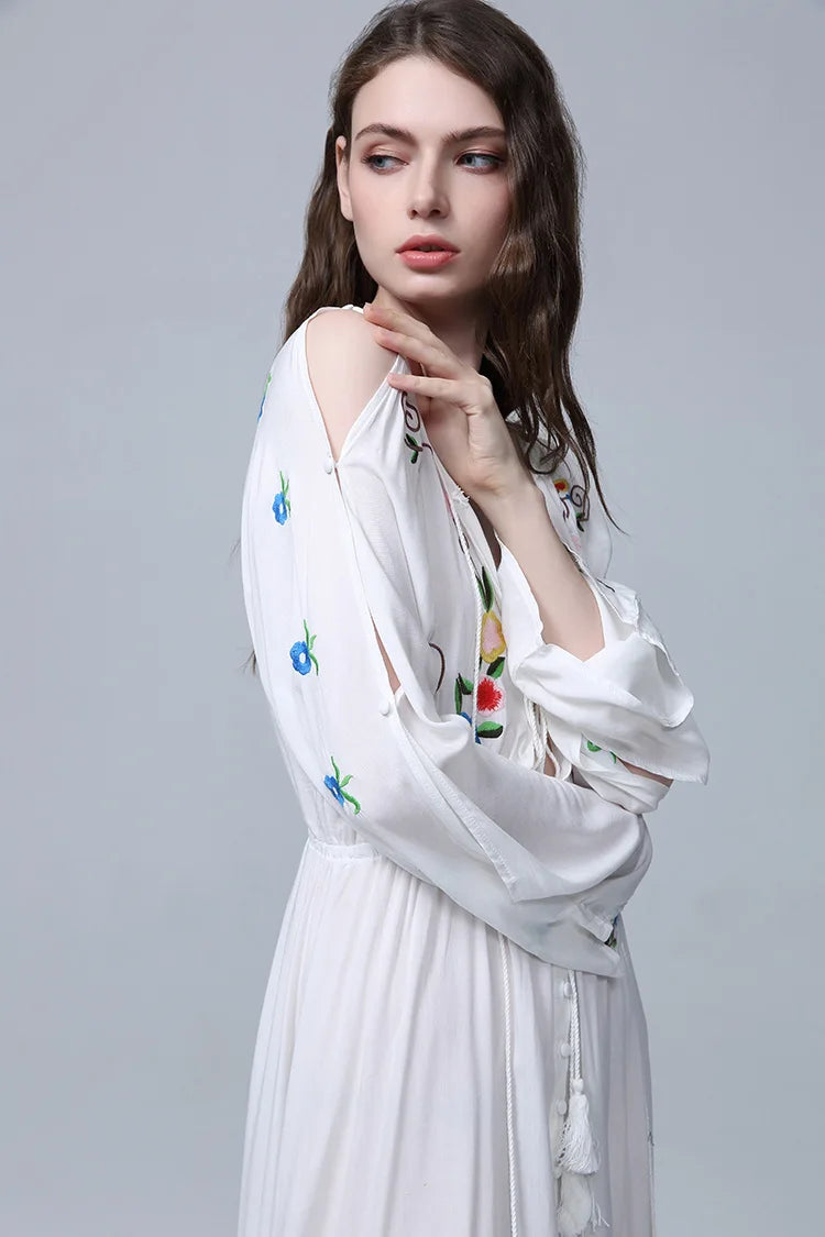 Kaftans - Jastie Embroidered Women Maxi Dress V-Neck Batwing Sleeve Loose Oversize Summer Dresses Drawstring Waist Boho Beach Vestidos