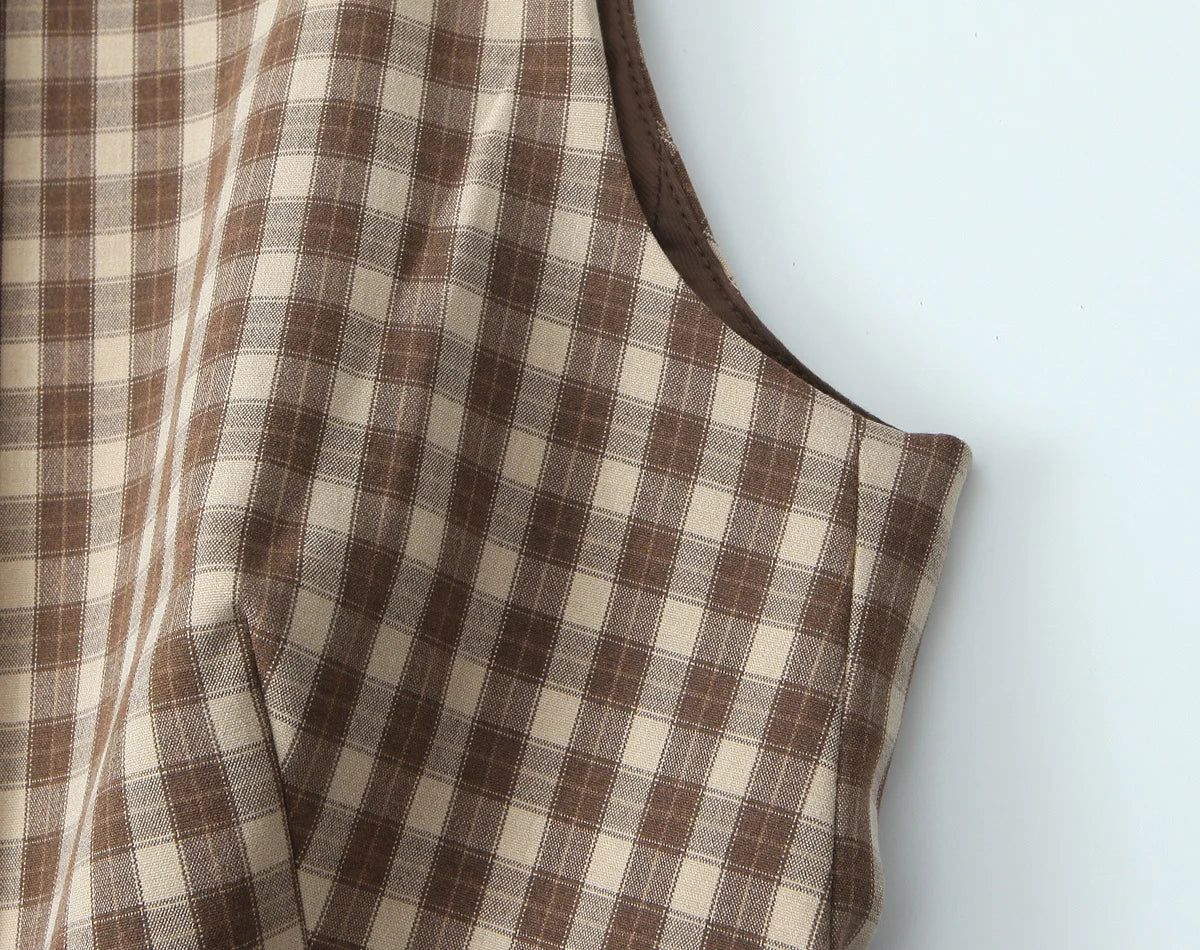 Skirts set - TRAFZA Women 2 Piece Set Elegant Plaid O-Neck Single Breasted Pocket Decorate Vest Top+Chic Zipper Pleated Slim Mini Culottes