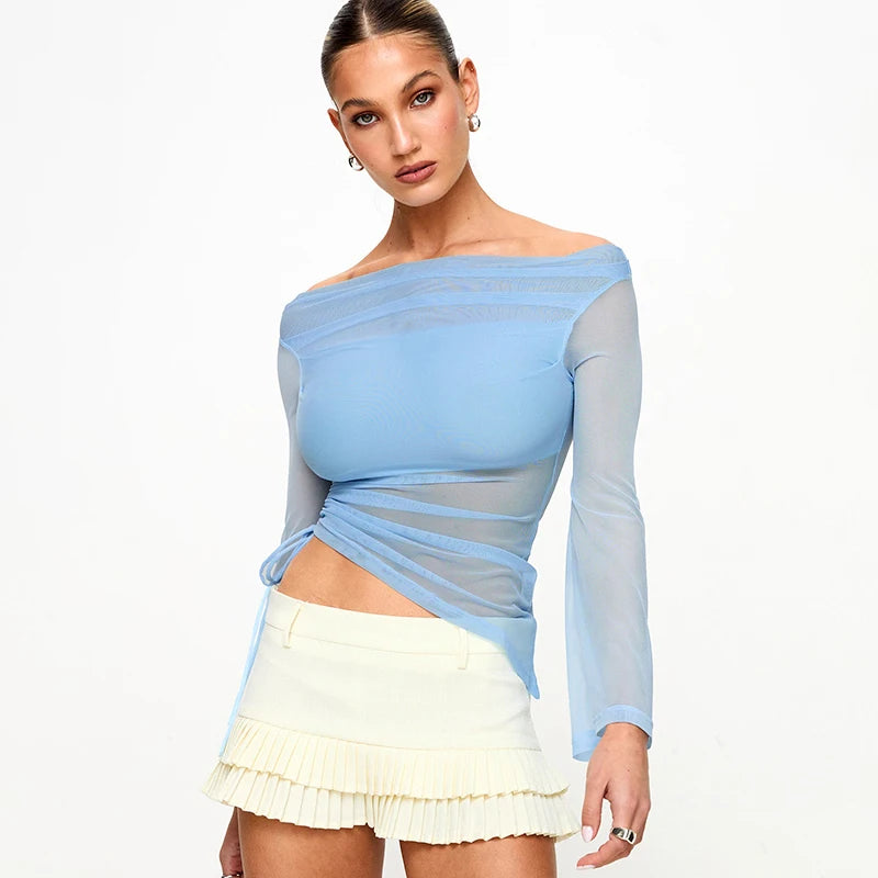Mesh Tops - Solid Color Long-Sleeve One-Shoulder Sexy Mesh Top See Through Shrunk Pleated Sexy Women T Shirt Casaul Wear Autumn