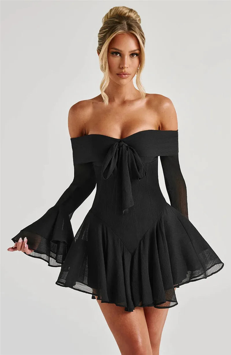 Party Dresses - Strapless Long Flare Sleeve Sexy Mini Dress For Women Robe Off-shoulder Backless High Waist A-line Club Party Dress
