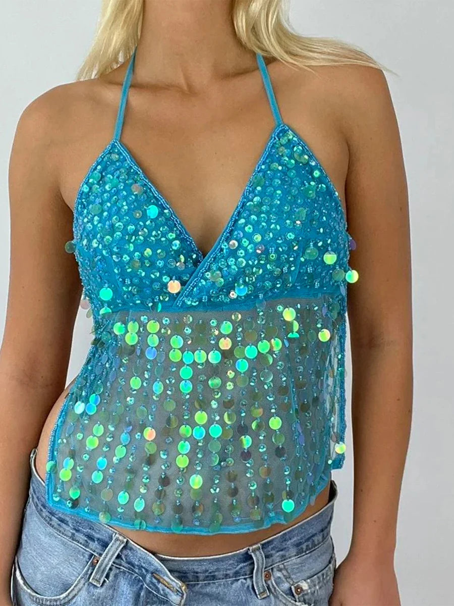 Tops - Women Y2k Sparkly Sequin Halter Beaded Camisole Cute Glitter Rhinestone Spaghetti Strap Backless Criss Cross Cami Top Blue