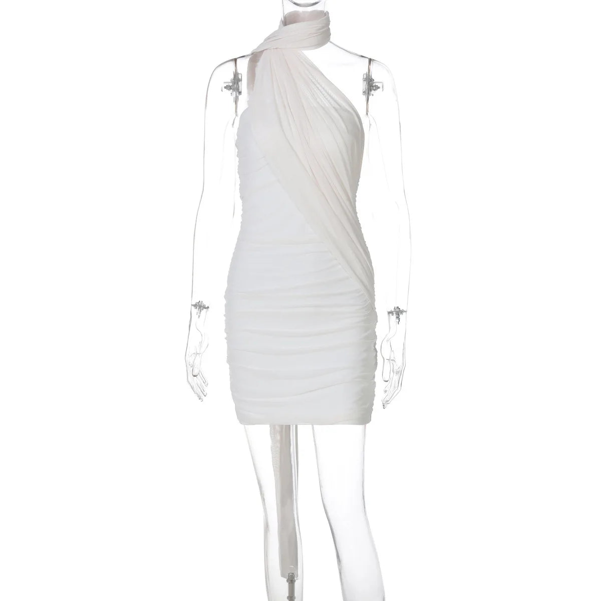 Halter Dresses - Mesh Strapless Backless Sexy Mini Dress For Women Robe Fashion Off-shoulder Sleeveless Ruched Bodycon Club Dress