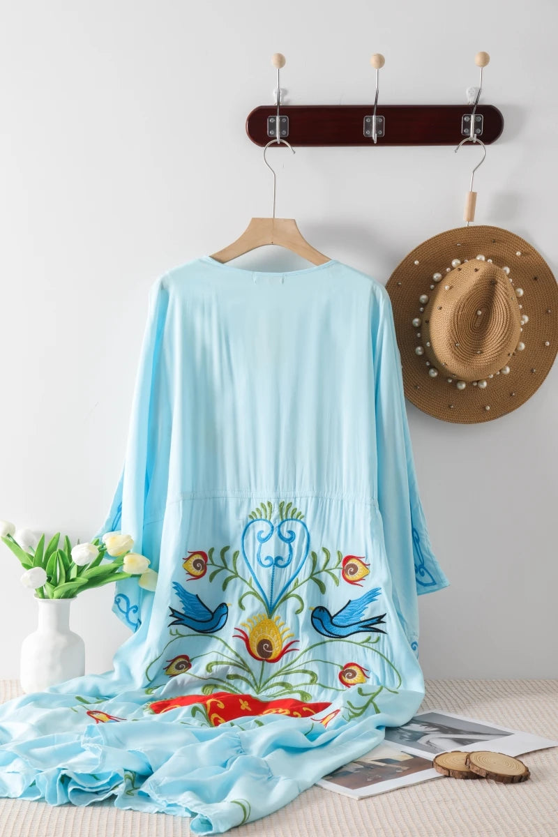 Kaftans - Jastie Embroidered Women Maxi Dress V-Neck Batwing Sleeve Loose Oversize Summer Dresses Drawstring Waist Boho Beach Vestidos