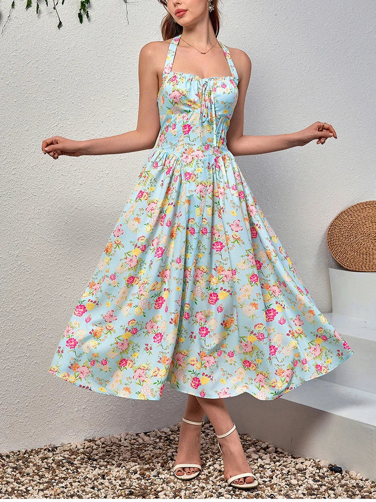 Floral Dresses - Women's Halter Backless Print Floral Midi Corset Dress Spaghetti Straps Tie Up Fashion Casual Holiday Long Dresses Pink