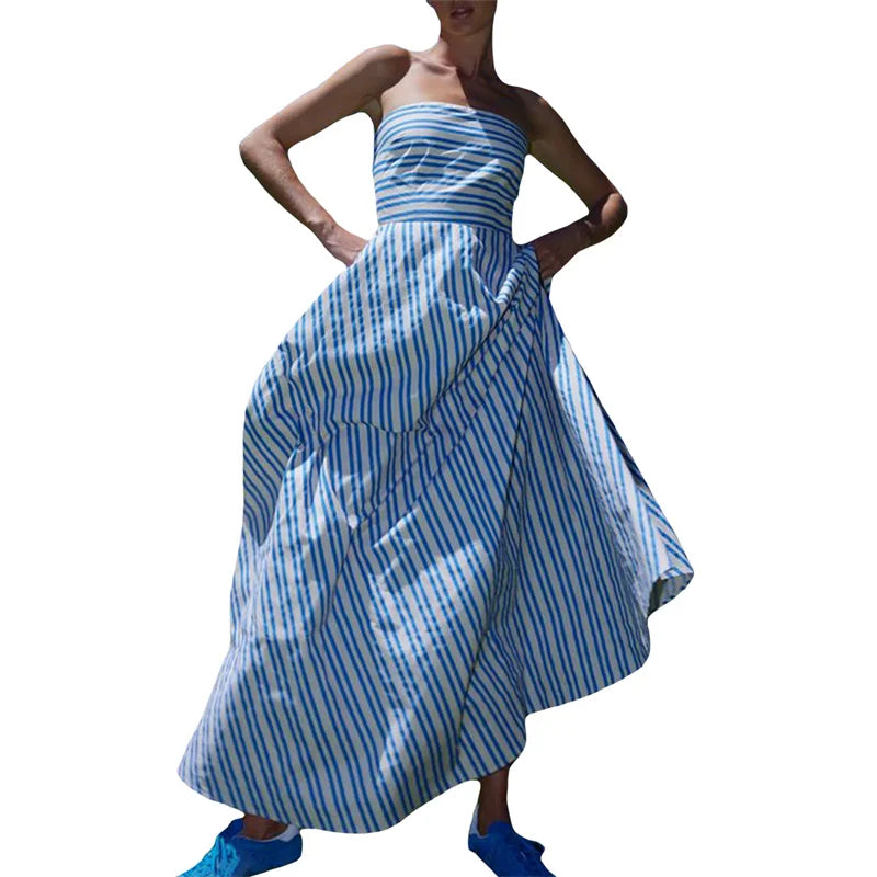 Strapless Dresses - Tube Dress for Women y2k Summer Striped Print Off Shoulder Strapless Sleeveless A Line Long Dress Beach Party Dresses