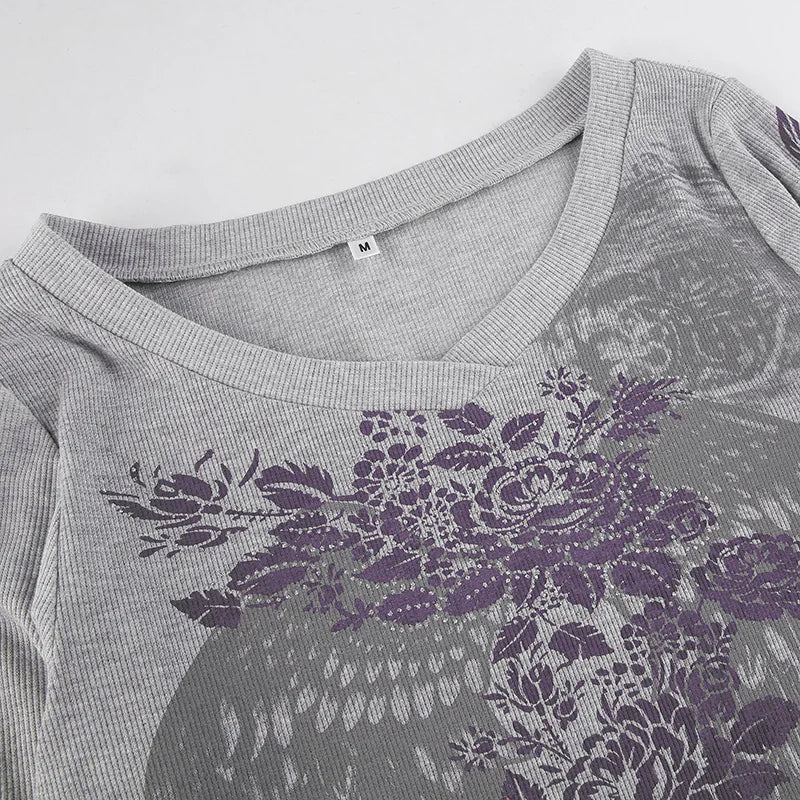 T-shirts - 2024 Autumn And Winter New Y2k Millennium Style Abstract Pattern Print Sexy Round Neck Slim Slim Long-Sleeved T-Shirt Top Women