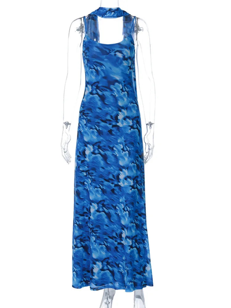 Elegant Dresses - Halter Backless Print Sexy Maxi Dress For Women Gown Elegant Blue Printed Lace-up Sleeveless Evening Long Dress