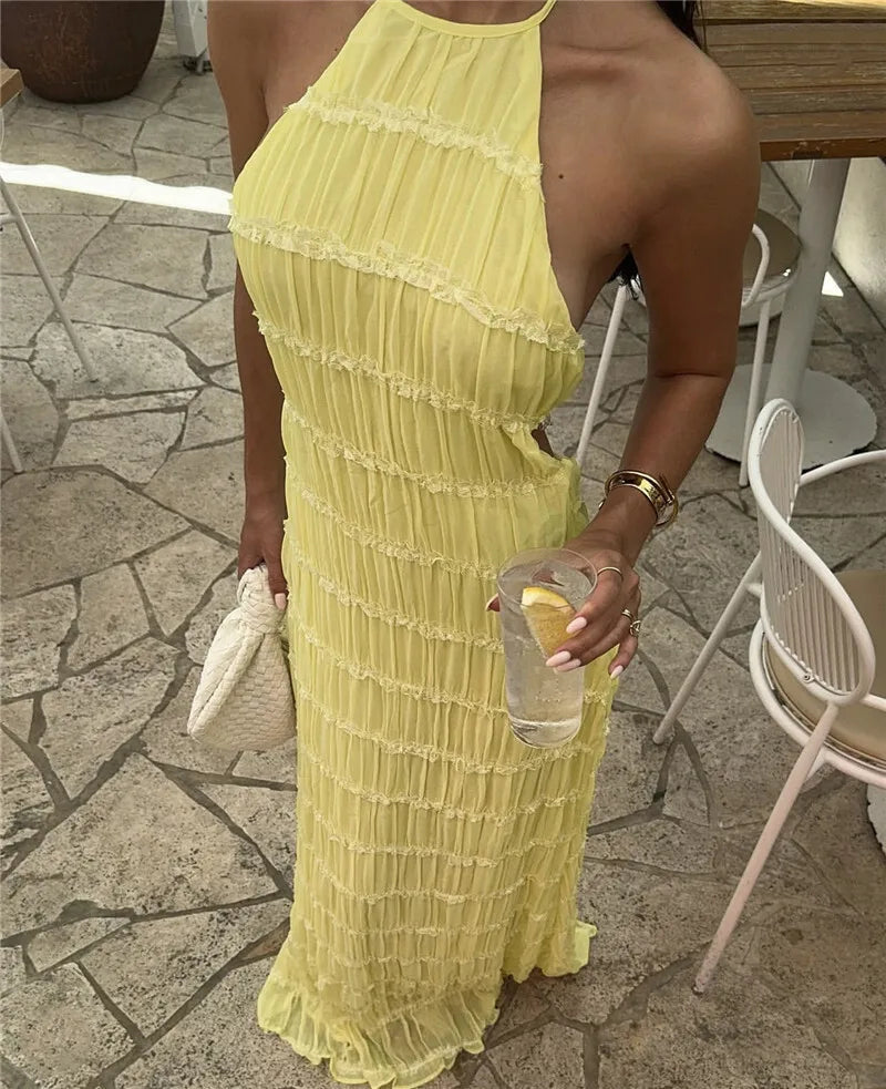 Party Dresses - Mozision Halter Backless Sexy Maxi Dress For Women Spring Summer New Lace-up Sleeveless Pleated Beach Holiday Long Dress Elegant