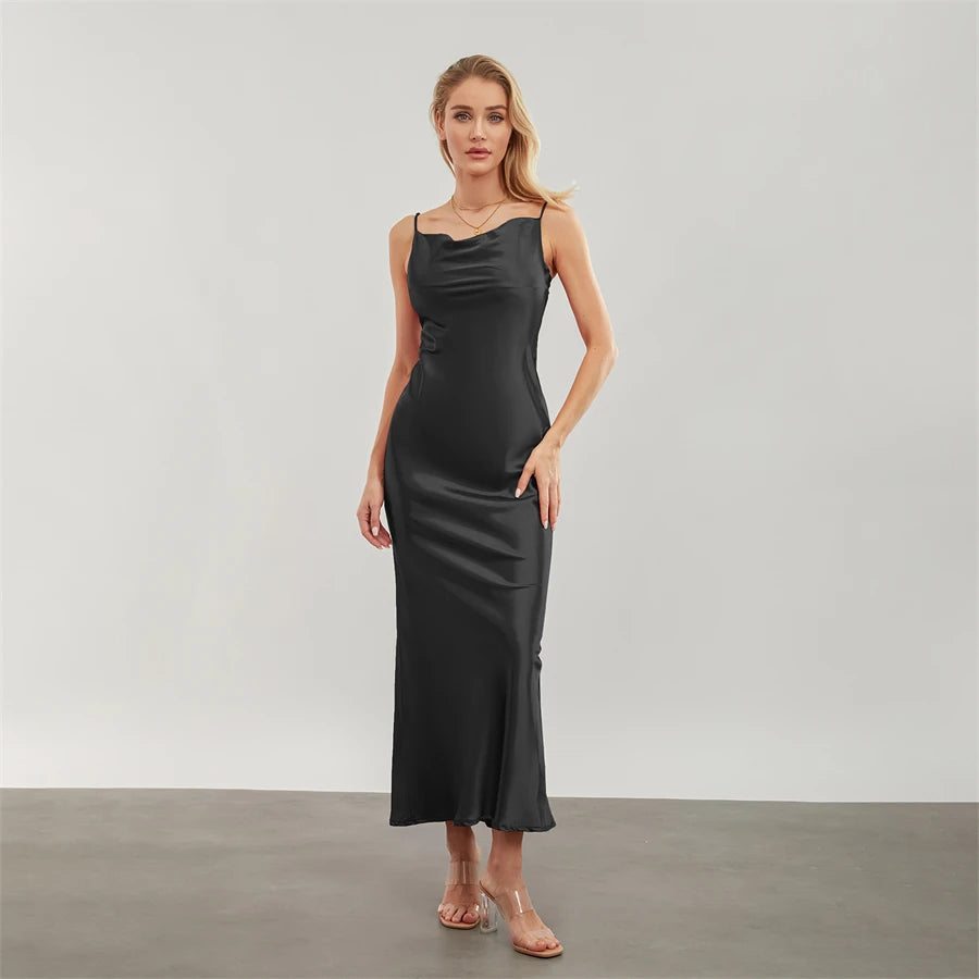 Satin Dresses - Backless Spaghetti Straps Party Long Dresses 2024 New Evening Gown Satin Vestidos Women's Cowl Neck Slip Wrap Dress