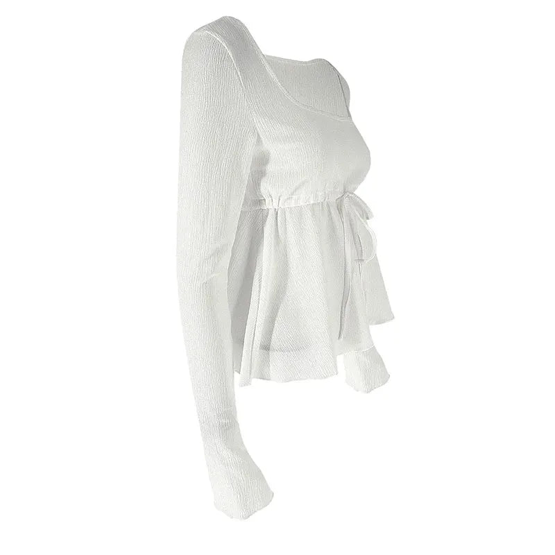 Peplum Tops - Autumn New T-shirt Women Streetwear Sexy Sheer Solid Top Fashion Lace-up Long Sleeves Crop O-Neck Casual Slim Versatile T-shirt