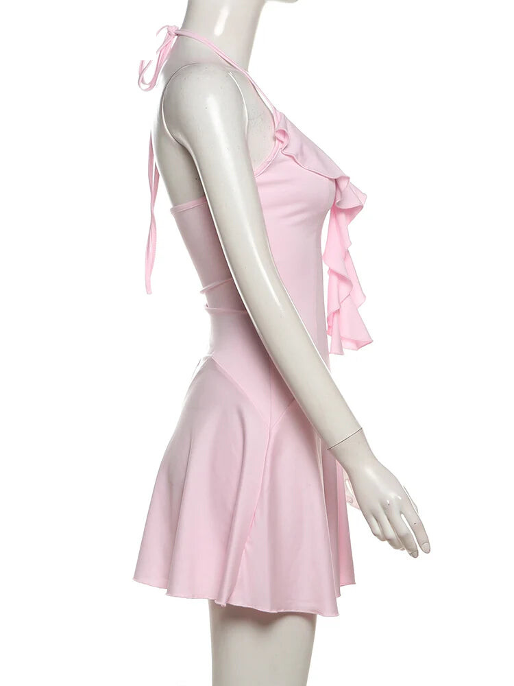 Party Dresses - Halter Ruffles V-Neck Dress Women Backless Elegant Sexy Summer Fashion V-Neck Solid Birthday Party Clubwear Mini Bodycon