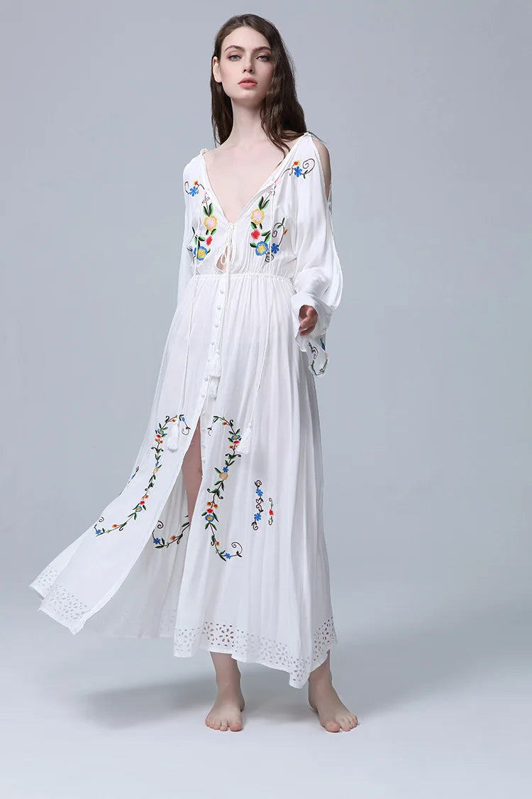Kaftans - Jastie Embroidered Women Maxi Dress V-Neck Batwing Sleeve Loose Oversize Summer Dresses Drawstring Waist Boho Beach Vestidos