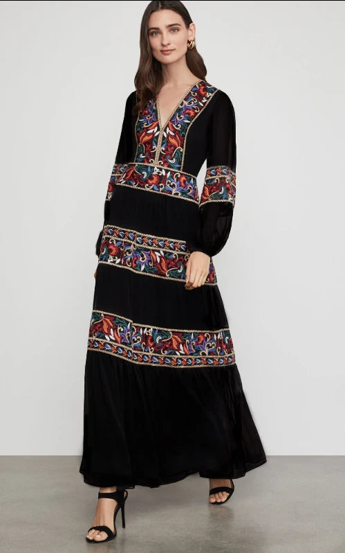 Kaftans - Jastie Embroidered Women Maxi Dress V-Neck Batwing Sleeve Loose Oversize Summer Dresses Drawstring Waist Boho Beach Vestidos