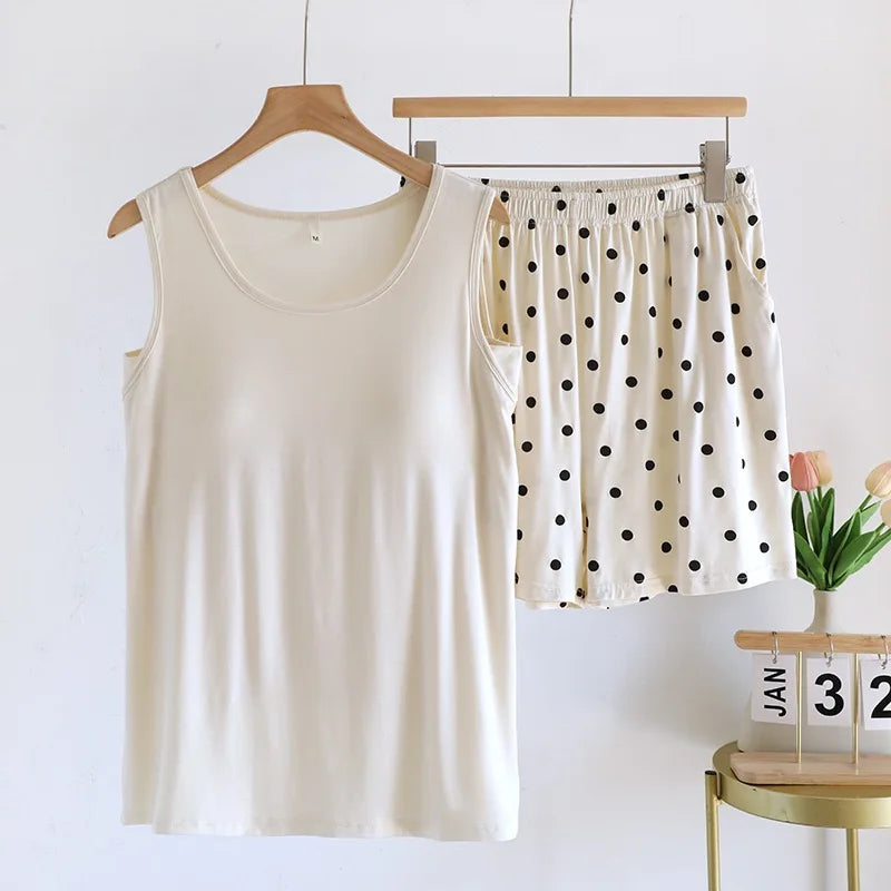 Pajamas - 2025 New Summer Women's Pajamas Set Sleeveless Short Pants Home Clothes Student Can Wear Out Sleepwear With Chest Cushion