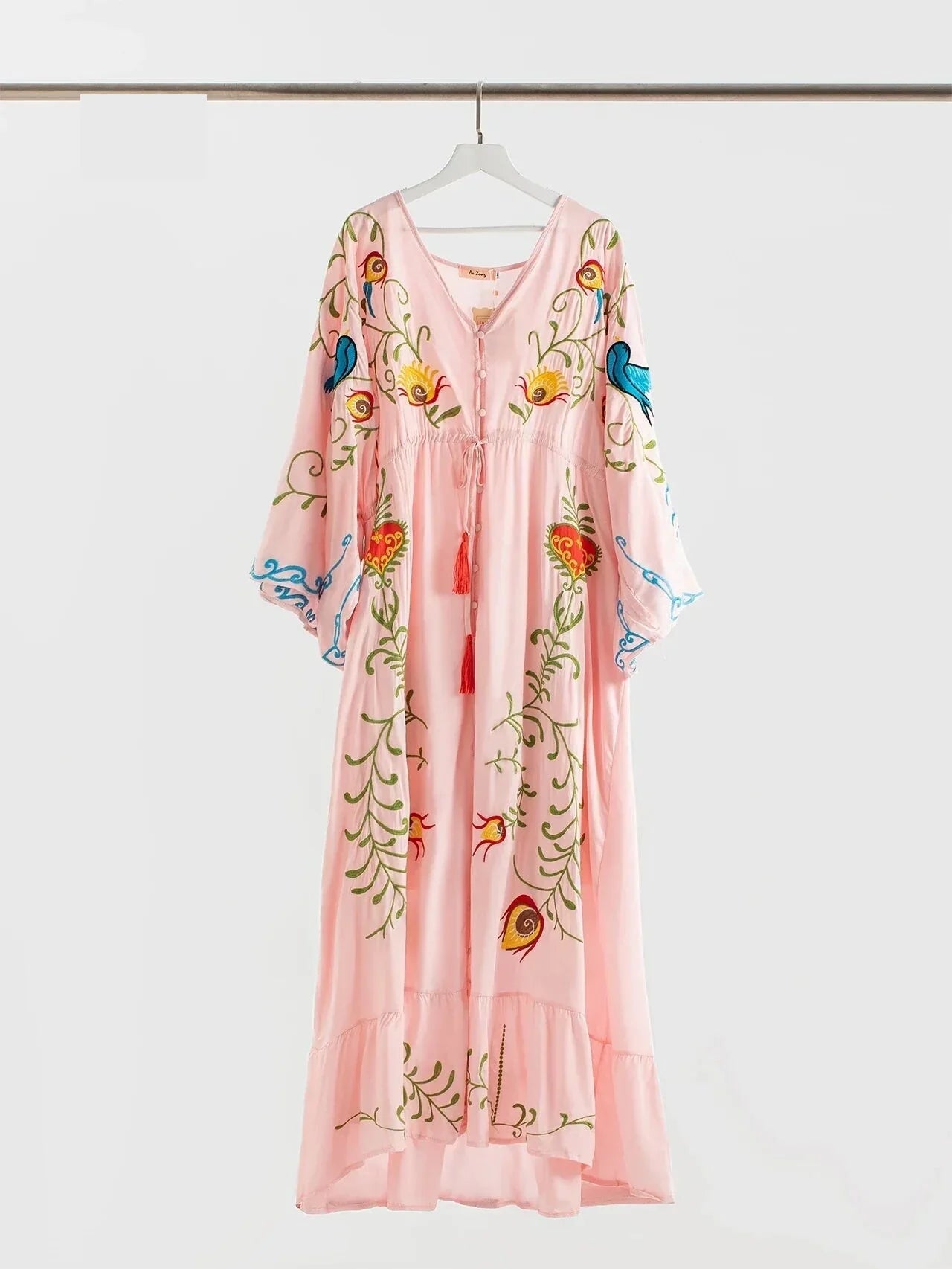 Kaftans - Jastie Embroidered Women Maxi Dress V-Neck Batwing Sleeve Loose Oversize Summer Dresses Drawstring Waist Boho Beach Vestidos