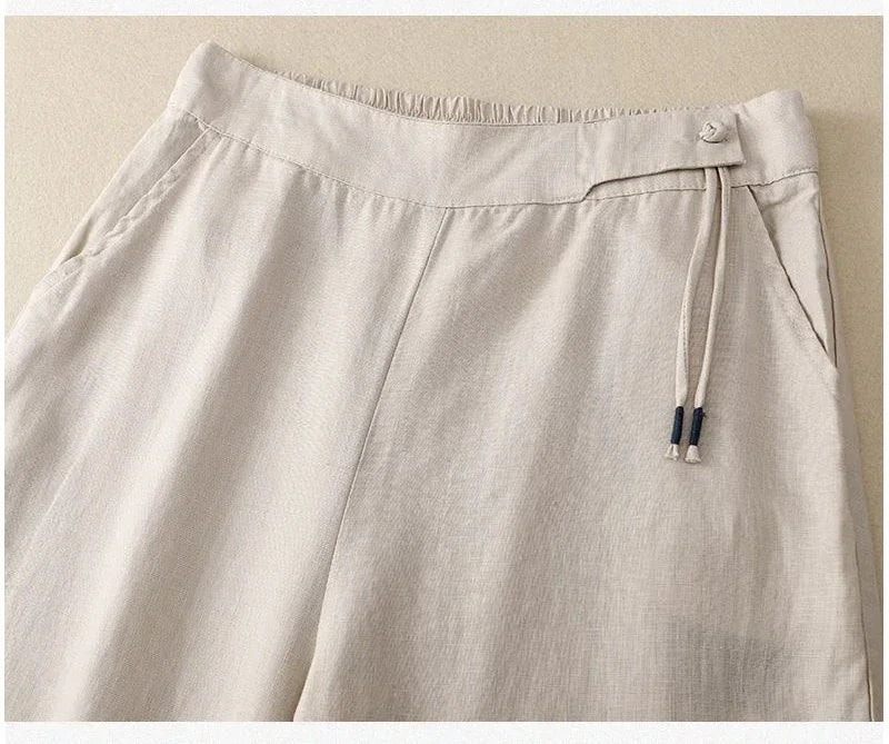 Pants - Summer Wide Leg Pants Women Elastic High Waist Cotton and Linen Casual Pants Loose Straight Yellow Women's Pants