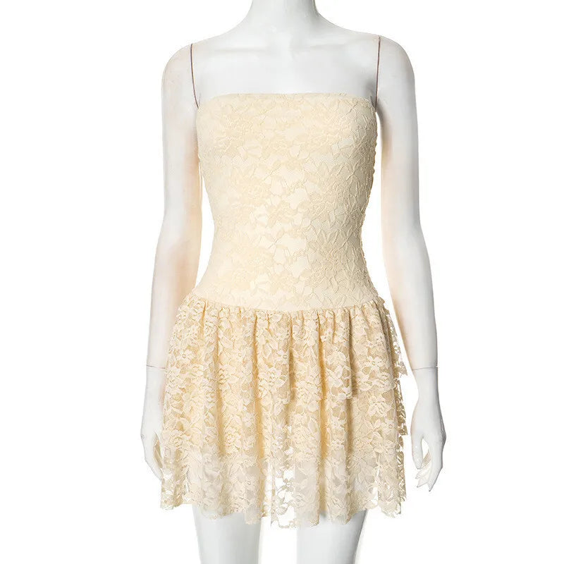 Tube Dresses - Off-shoulder Strapless Sexy Mini Dress For Women Elegant Lace Sleeveless Backless High Waist Pleated Cake Dress
