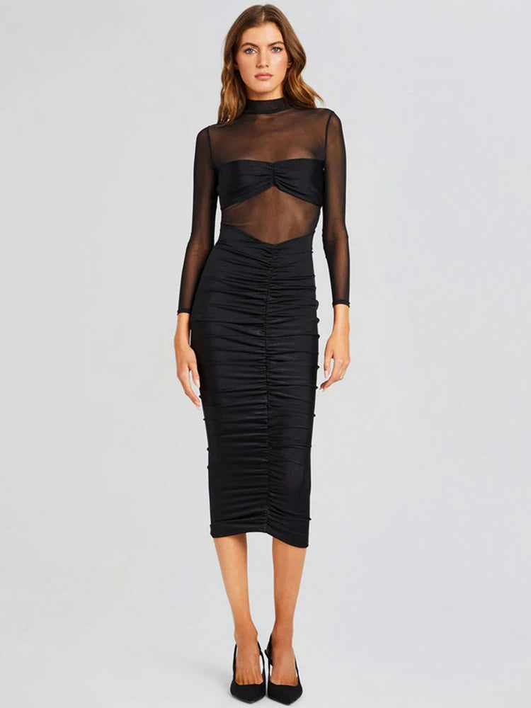 Bodycon dresses - Mozision Sheer Long Sleeve Ruched Sexy Maxi Dress Women Fashion Half High Collar See Through Backless Bodycon Sexy Long Dress