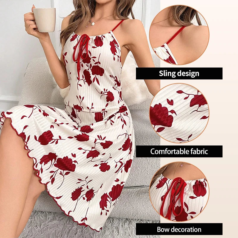 Loungewear - Women's Printed Knitted Ribbed Nightgown Women's Long Casual Backless Ice Silk Printed Sleeveless Suspender Sexy Nightgown