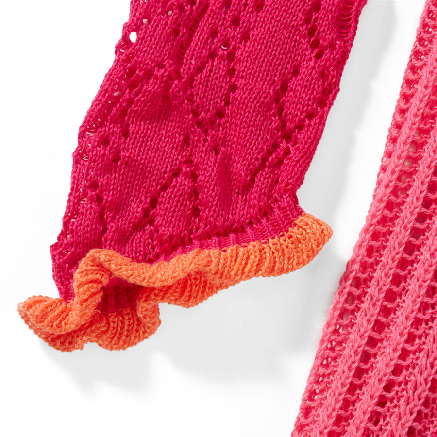 Beach Dresses - Contrast Color Hollow-Out Knit Beach Long Dress 2023 Summer See-Through One-Shoulder Long Sleeve Halter Tie-up Cover-Ups Dress