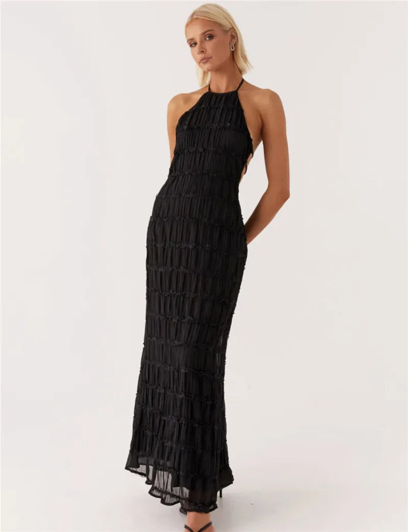 Party Dresses - Mozision Halter Backless Sexy Maxi Dress For Women Spring Summer New Lace-up Sleeveless Pleated Beach Holiday Long Dress Elegant