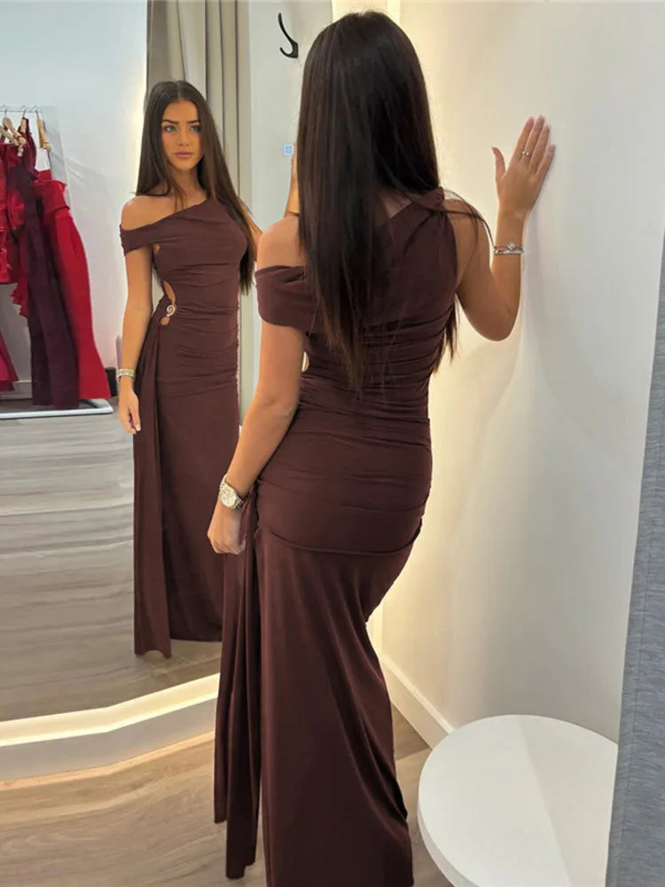 Elegant Dresses - Oblique Shoulder Backless Sexy Maxi Dress For Women Fashion Off-shoulder Sleeveless High Waist Bodycon Club Long Dress
