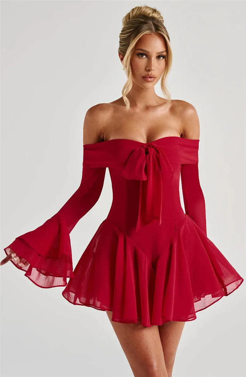 Party Dresses - Strapless Long Flare Sleeve Sexy Mini Dress For Women Robe Off-shoulder Backless High Waist A-line Club Party Dress