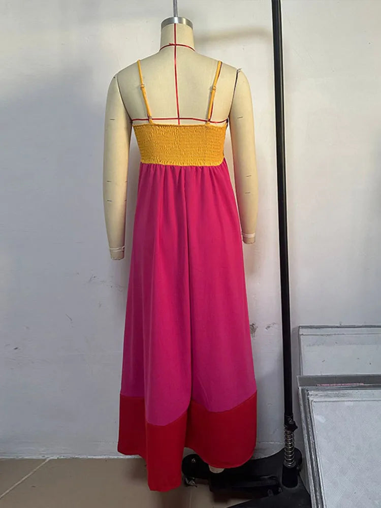 Casual Dresses - Contrast Color Holiday Long Dress Women 2025 Spring Spaghetti Strap High Waist Sleeveless Backless Dresses Female A-line Beach