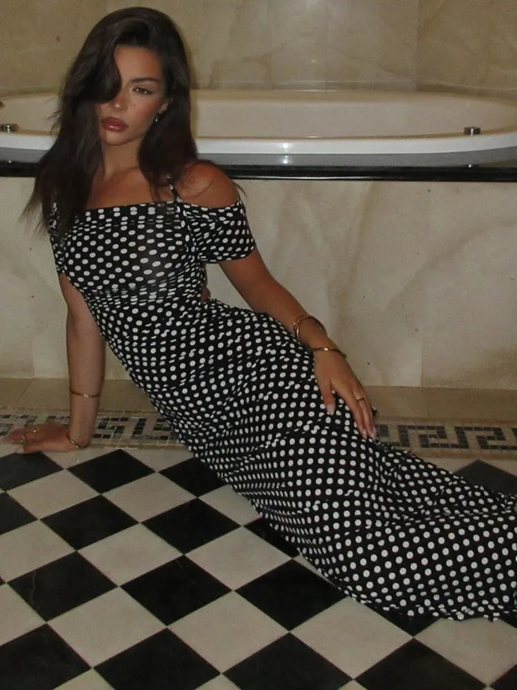 Halter Dresses - Off-shoulder Polka Dot Maxi Dress For Women Gown Fashion Halter Sleeveless Backless bodycon Split Long Dress Elegant