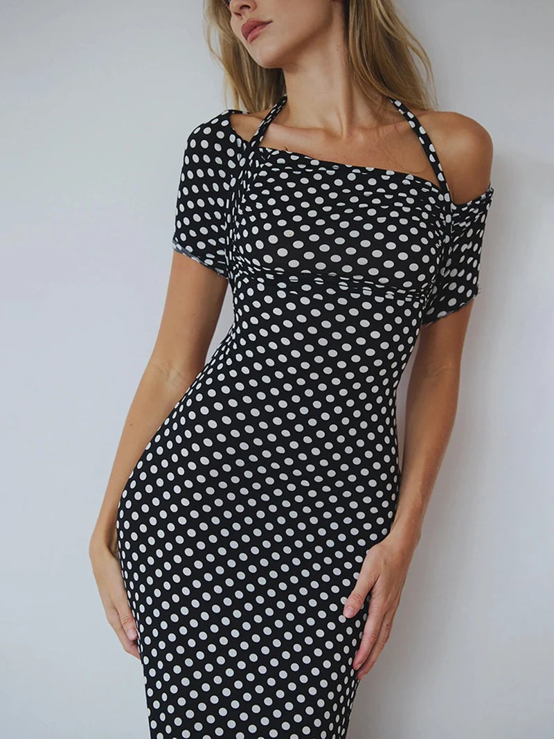 Halter Dresses - Off-shoulder Polka Dot Maxi Dress For Women Gown Fashion Halter Sleeveless Backless bodycon Split Long Dress Elegant