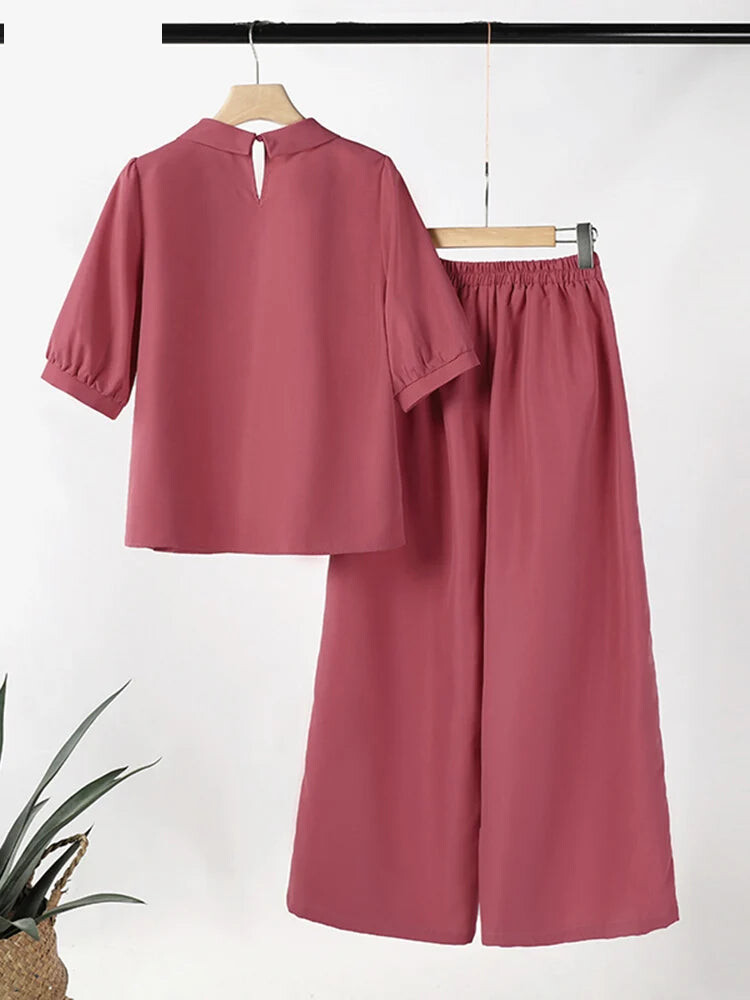 Matching Sets - Fashion Short Sleeve Floral Embroidery Blouse Wide Leg Pants Sets 2PCS Women Summer Tracksuit Casual Loose Trousers Suits