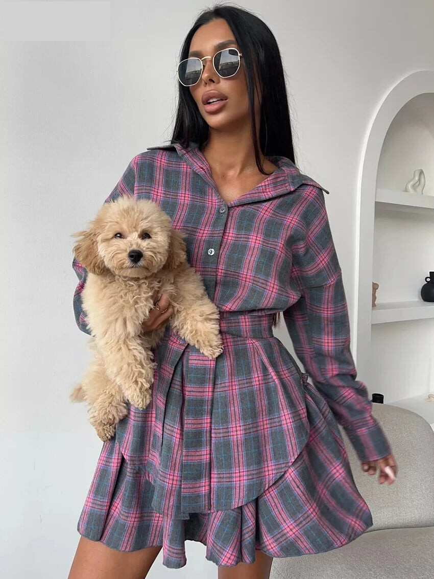 Fashion Loose Plaid 2 Piece Sets Women Outfit 2025 Elegant Long Sleeve Shirt With High Waist Mini Skirt Set Female