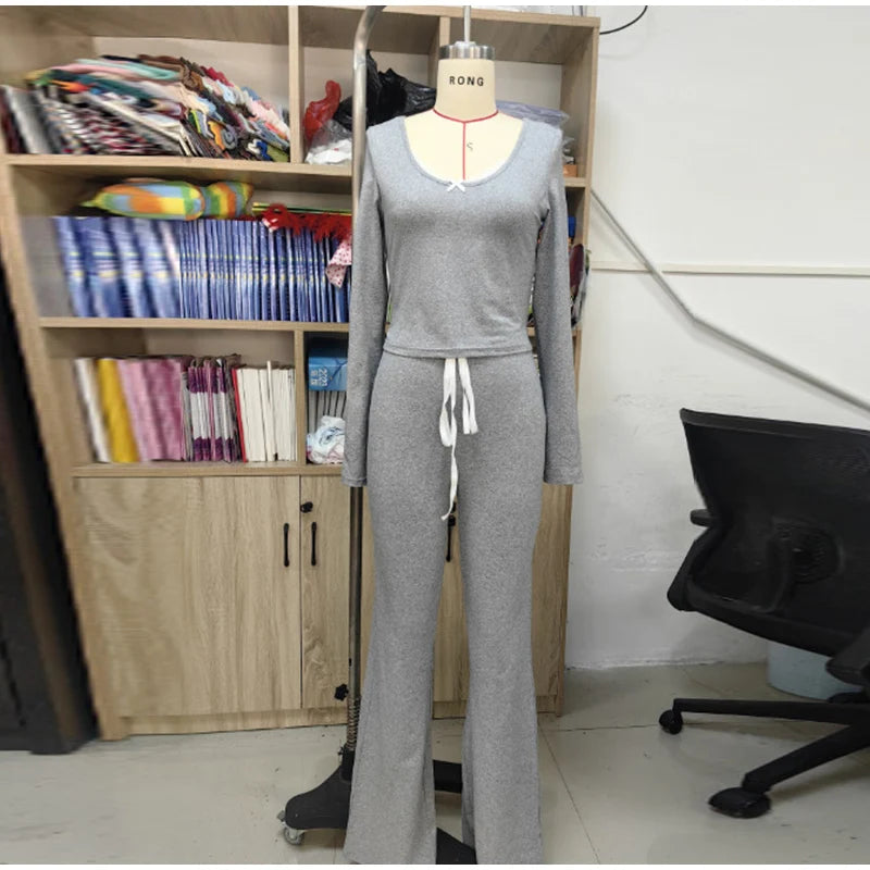 Loungewear - Women Lace Top Pant Suit Casual Bow Lace Up Patchwork Blouse Loose Elastic Waist Trouser Female Sets 2025 Spring Lady Streetwear