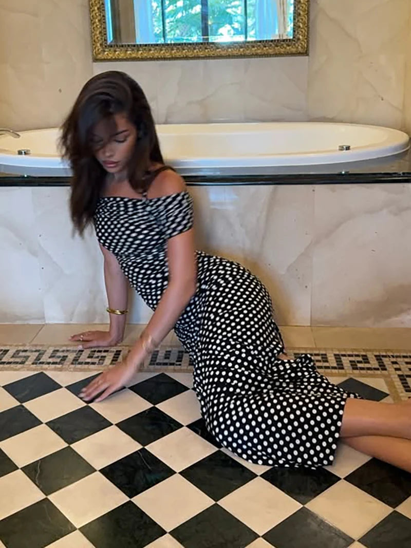 Halter Dresses - Off-shoulder Polka Dot Maxi Dress For Women Gown Fashion Halter Sleeveless Backless bodycon Split Long Dress Elegant