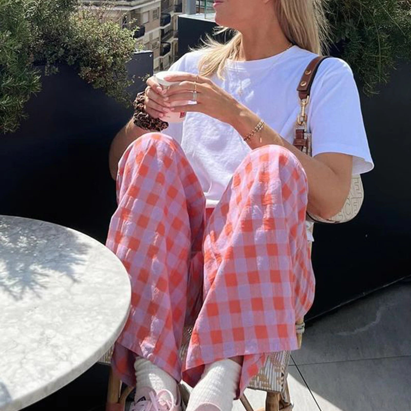 Pants - Womens Casual Plaid Print Pants Autumn Streetwear Elastic Waistband Straight Leg Pull On Trousers Loose Casual Bottoms