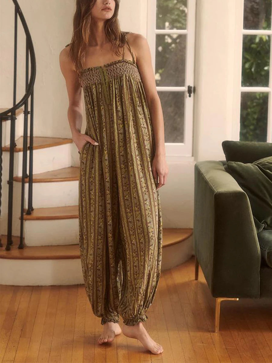 Jumpsuits - Women Summer Cami Jumpsuits Retro Floral Print Tie-Up Spaghetti Strap Sleeveless Long Rompers Fashion Loose Playsuits