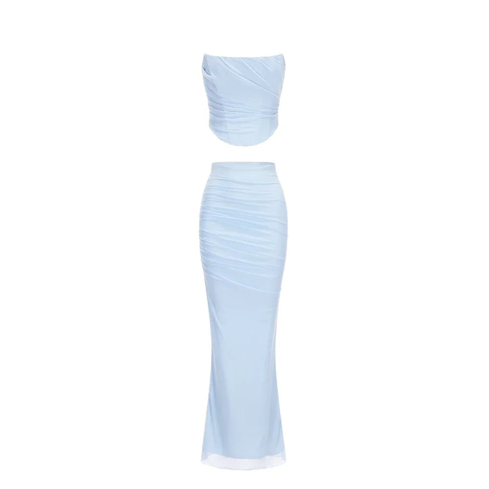 Elegant Matching Sets - Elegant Maxi Wedding Guest Dress Set Sexy Strapless Blue Cropped Top Set Bodycon Holiday Party Dresses Women