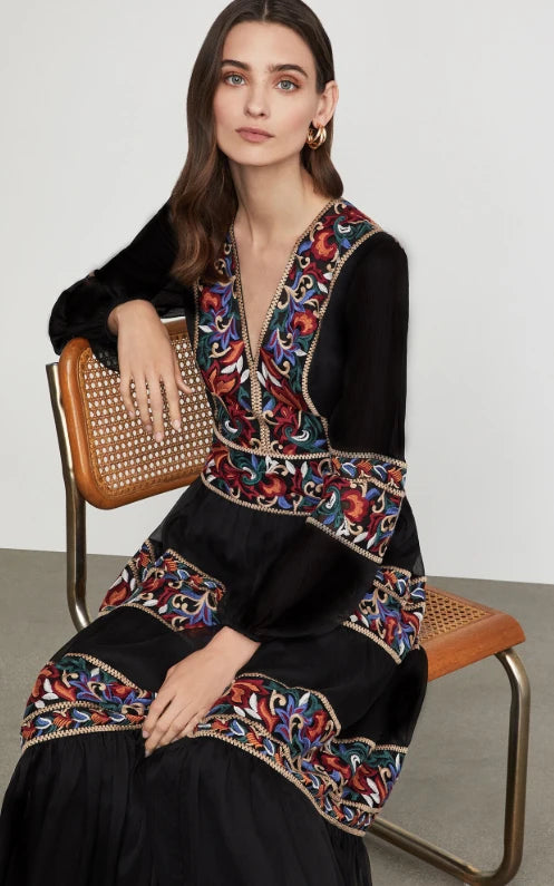 Kaftans - Jastie Embroidered Women Maxi Dress V-Neck Batwing Sleeve Loose Oversize Summer Dresses Drawstring Waist Boho Beach Vestidos