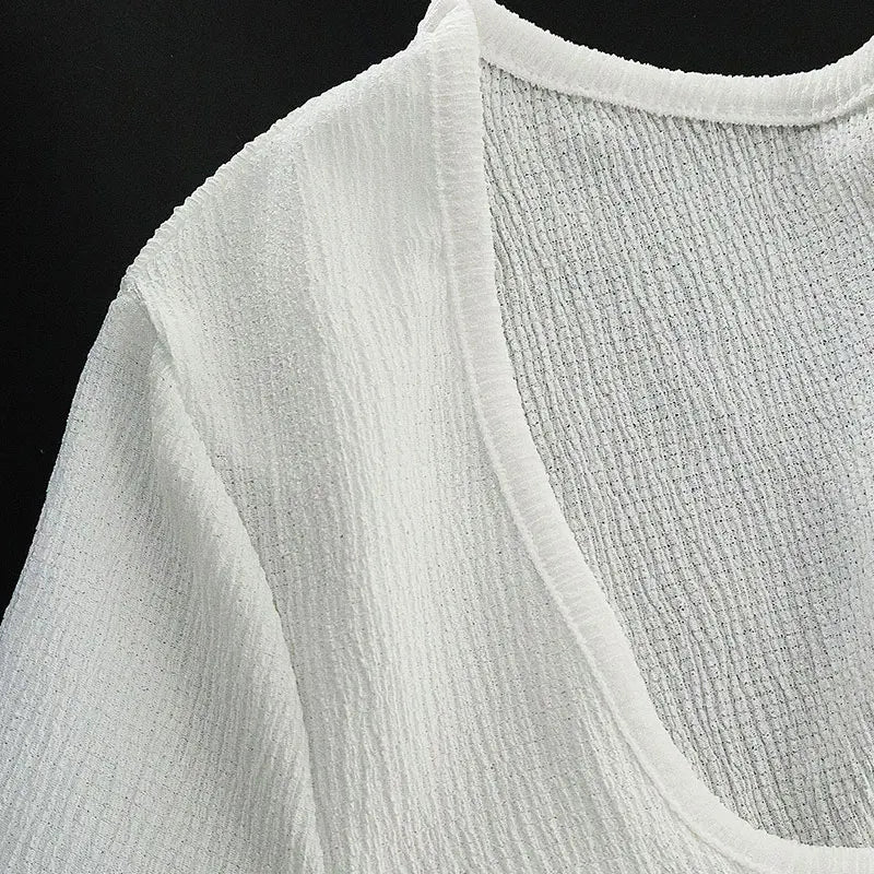 Peplum Tops - Autumn New T-shirt Women Streetwear Sexy Sheer Solid Top Fashion Lace-up Long Sleeves Crop O-Neck Casual Slim Versatile T-shirt