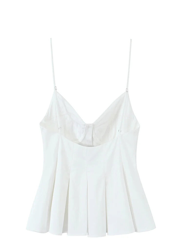 Cami Tops - Summer Women Striped Sleeveless V-Neck Mini Top Woman Slim High Street Short Dress Pleated Button Decoration Top