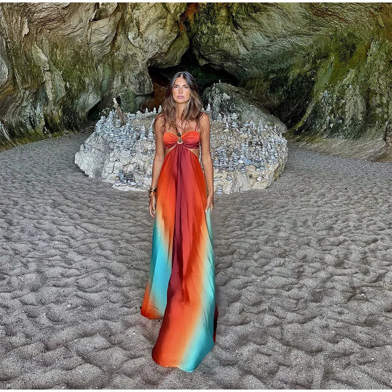 Elegant Dresses - Tie-dye Gradient Hollow Out Women's Maxi Dress Elegant Off Shoulder A-line Hem Long Dresses New Summer 2025 Holiday Female Robes