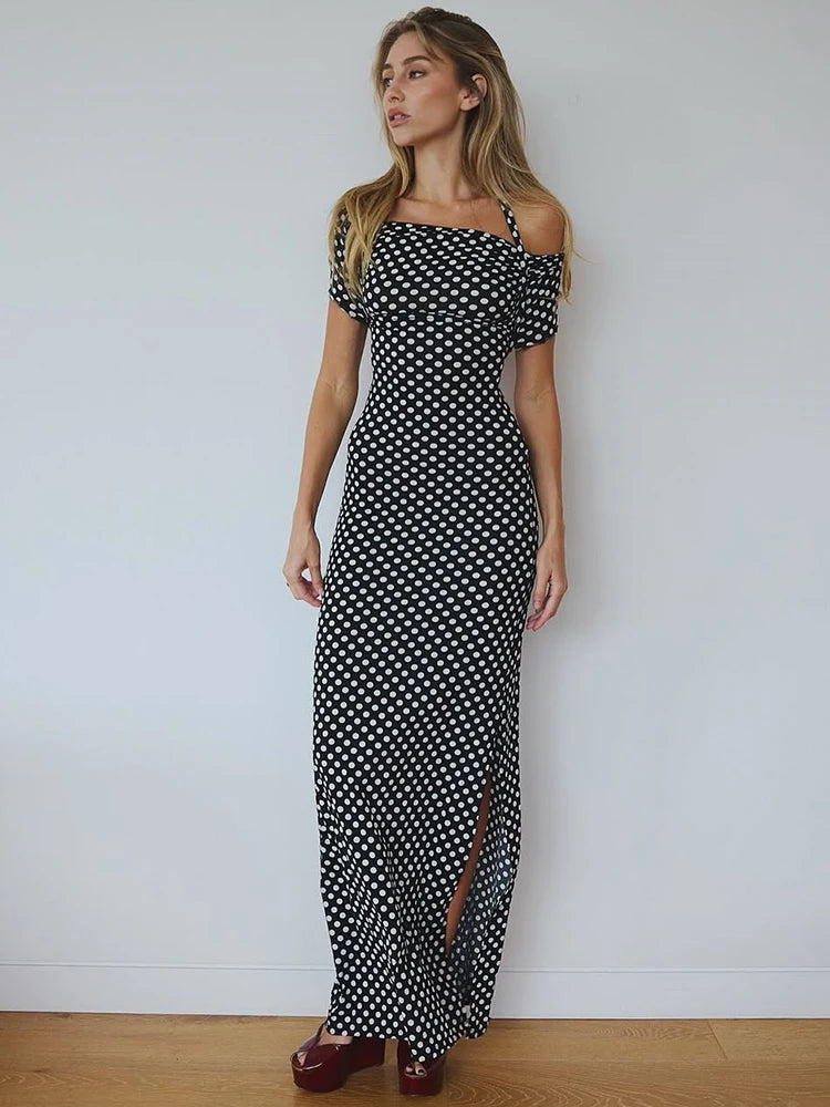 Halter Dresses - Off-shoulder Polka Dot Maxi Dress For Women Gown Fashion Halter Sleeveless Backless bodycon Split Long Dress Elegant