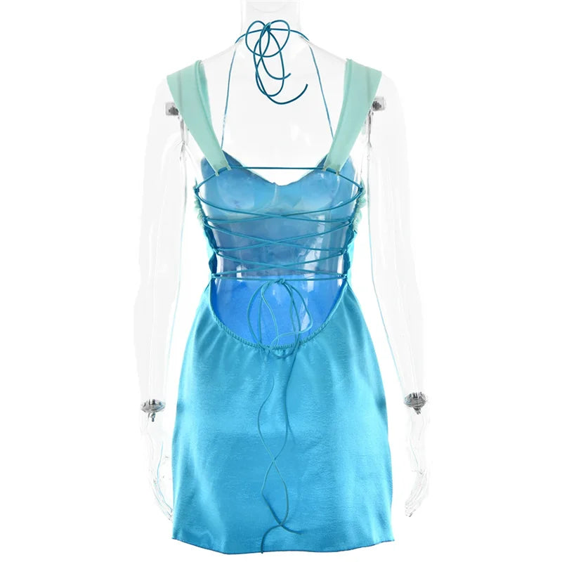 Mini Dresses - Patchwork Sleeveless Sexy Mini Dress For Women Robe Satin Strapless Backless Lace-up High Waist A-line Club Dress