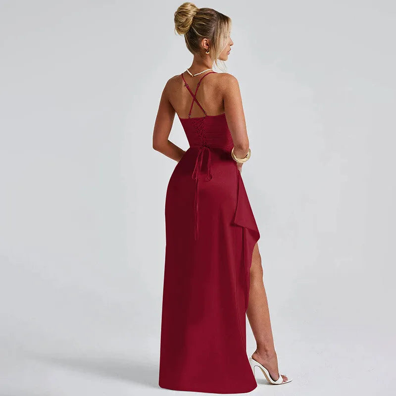 Elegant Dresses - Spaghetti Strap Thigh High Split Sexy Maxi Dress Women Elegant Satin High Elastic Sleeveless Backless Club Party Dress