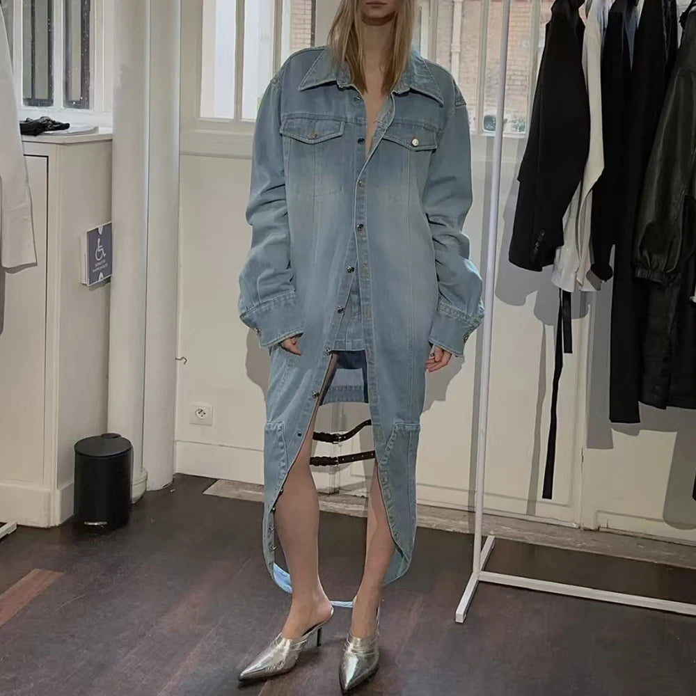 Denim Outfits - Loose Chic Jackets For Women Lapel Long Sleeve Streetwear Patchwork Pockets Coats Female Fashion Style New