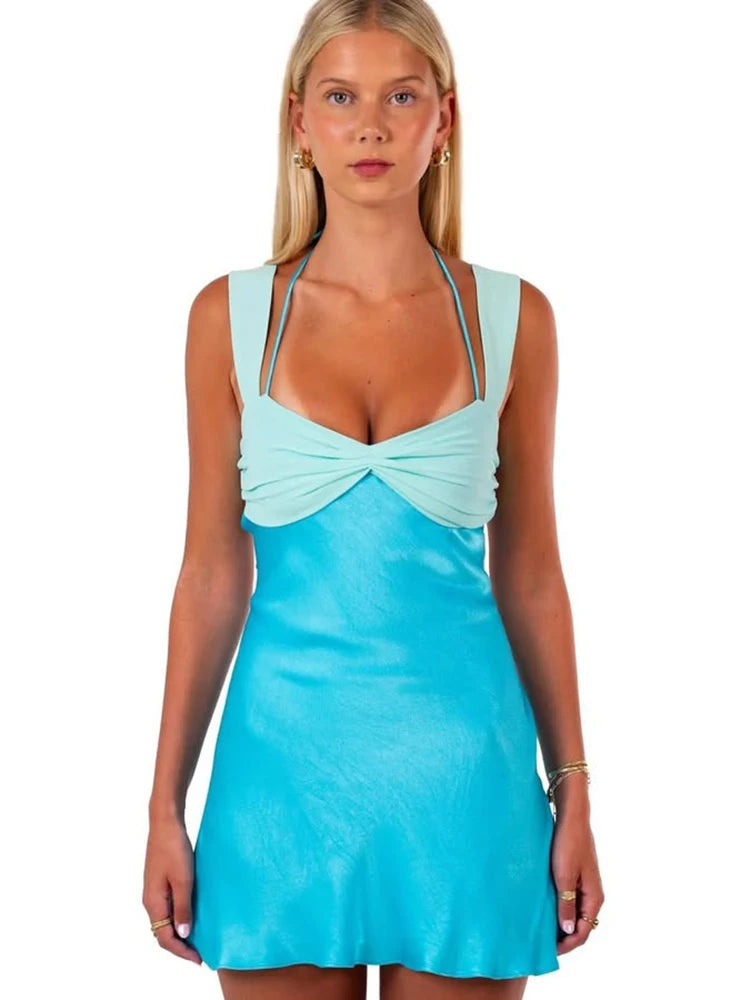 Mini Dresses - Patchwork Sleeveless Sexy Mini Dress For Women Robe Satin Strapless Backless Lace-up High Waist A-line Club Dress